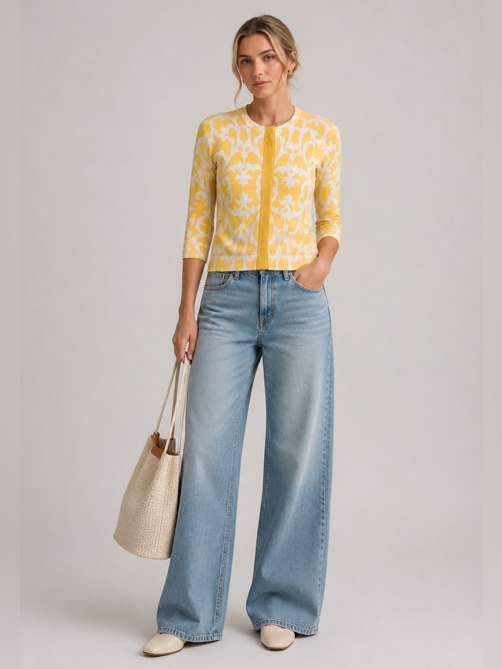 JCrew Yellow Lemon Floral Cardigan 3/4 Sleeve Lightweight Preppy Coastal Cottage